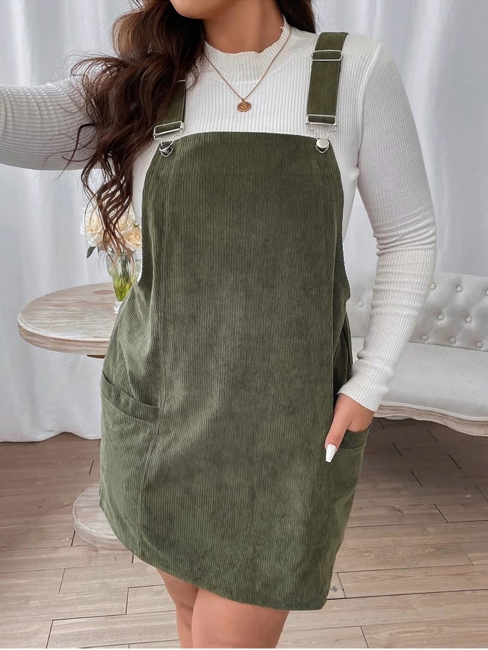Olive Green Corduroy Pinafore Dress - Women's Casual Overall Dress